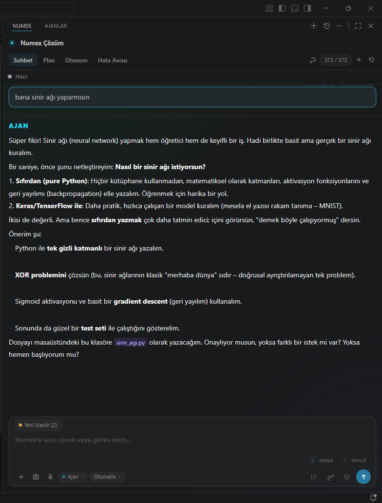 Numex Çözüm sohbet paneli — Türkçe isteğe ajanın planı ve yanıtı