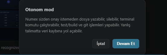 Otonom mod onay diyaloğu — Numex onay beklemeden çalışır; kontrol kullanıcıda